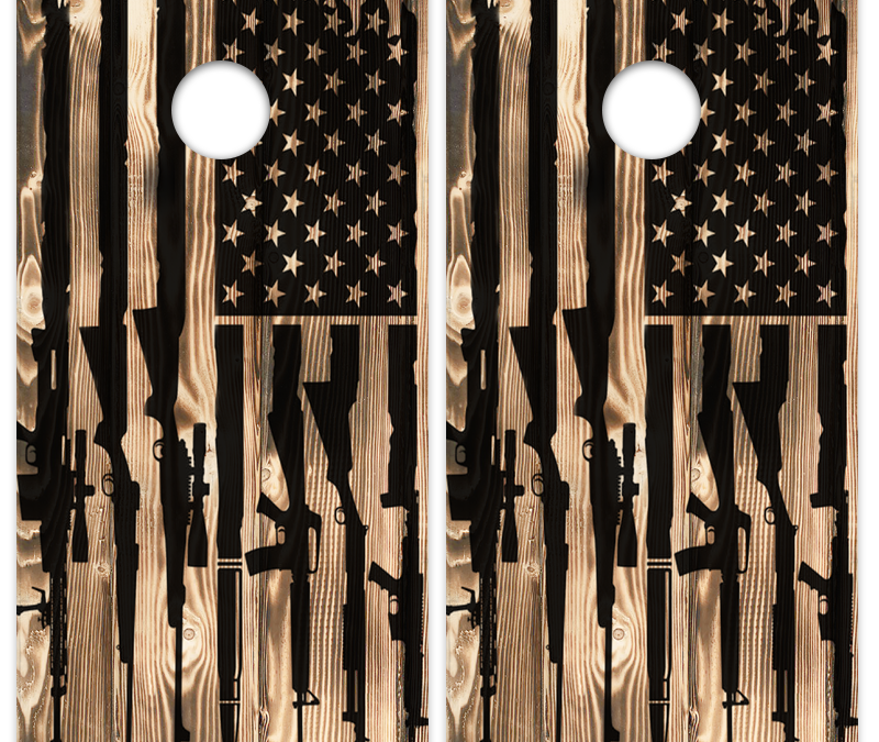 Burnt Wood Flag With Guns